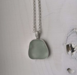 Handmade Seaglass pendant necklace, beach glass jewellery, silver sea glass pendant, made in London, made in Britain, Christmas gift for her, birthday gift, blue marble jewellery