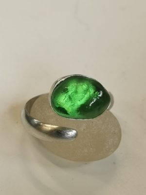 Green seaglass ring, Silver and seaglass ring. Silver adjustable ring