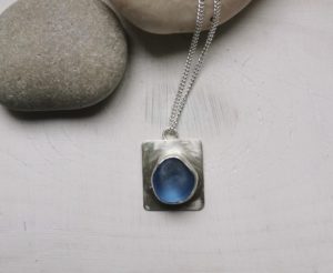 Seaglass pendant necklace, beach glass jewellery, silver sea glass pendant, made in London, made in Britain, Christmas gift for her, birthday gift, blue marble jewellery