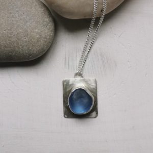 Seaglass pendant necklace, beach glass jewellery, silver sea glass pendant, made in London, made in Britain, Christmas gift for her, birthday gift, blue marble jewellery