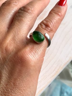 Green seaglass ring, Silver and seaglass ring. Silver adjustable ring