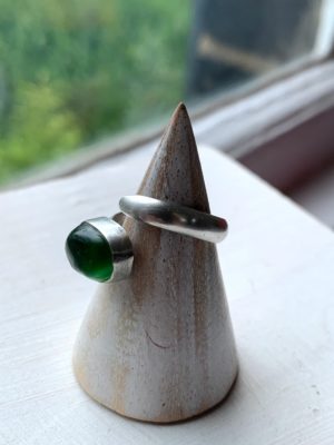 Green seaglass ring, Silver and seaglass ring. Silver adjustable ring