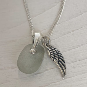 Sterling silver and seaglass pendant, seaglass and silver pendant, Silver charm pendant Angel wing charm pendant, Sterling seaglass pendants